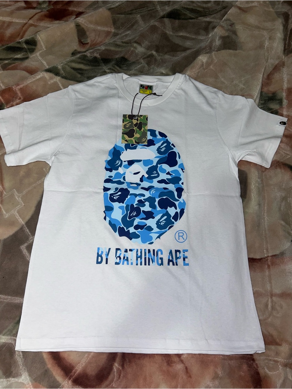 Bape White Tee with Blue Camo Ape Head